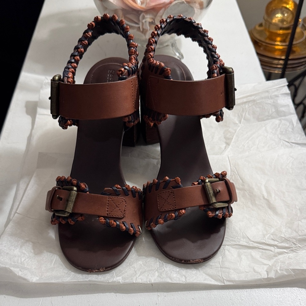 See By Chloe Brown Leather Sandals with Braided Accents